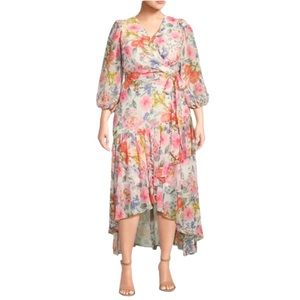 Eliza J Floral Chiffon 3/4 Sleeve Wrap High-Low Ruffle Maxi Dress Pink 20W NWT